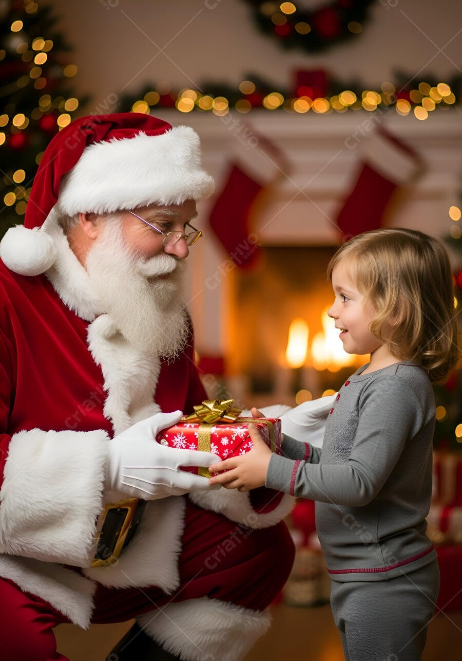 Papai Noel barbudo entrega presente à menina sorrindo junto à lareira no Natal