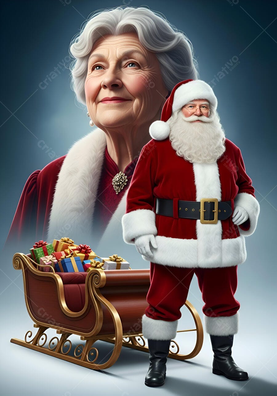 Papai Noel e Mamãe Noel vestidos de vermelho com trenó e presentes natalinos