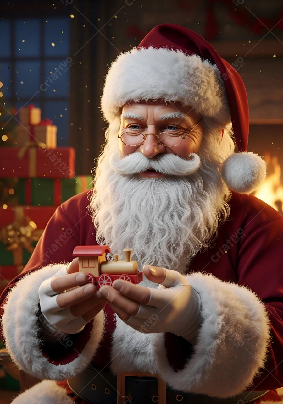 Papai Noel sorrindo segurando um trenzinho de madeira em ambiente natalino