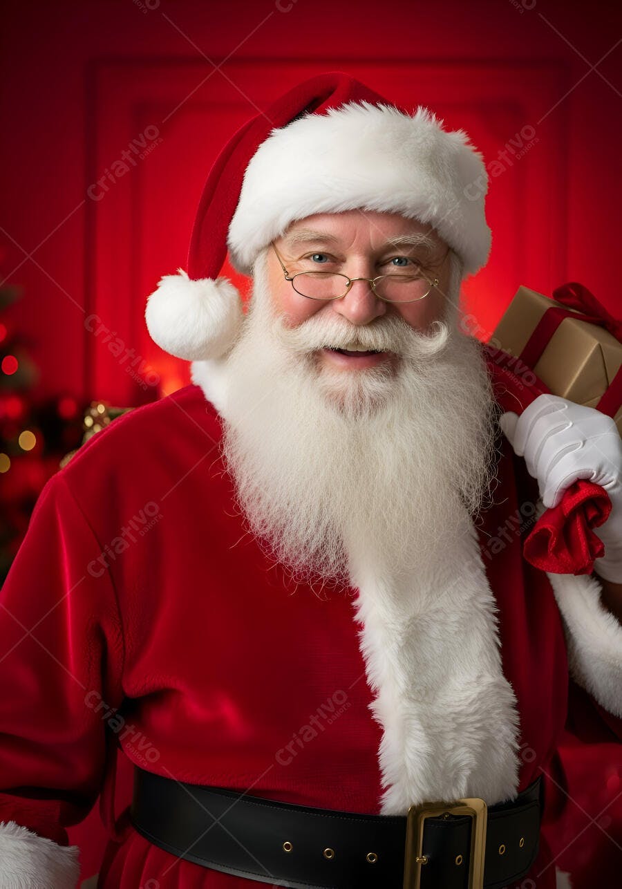 Papai Noel idoso sorrindo com barba branca e presente dourado no Natal