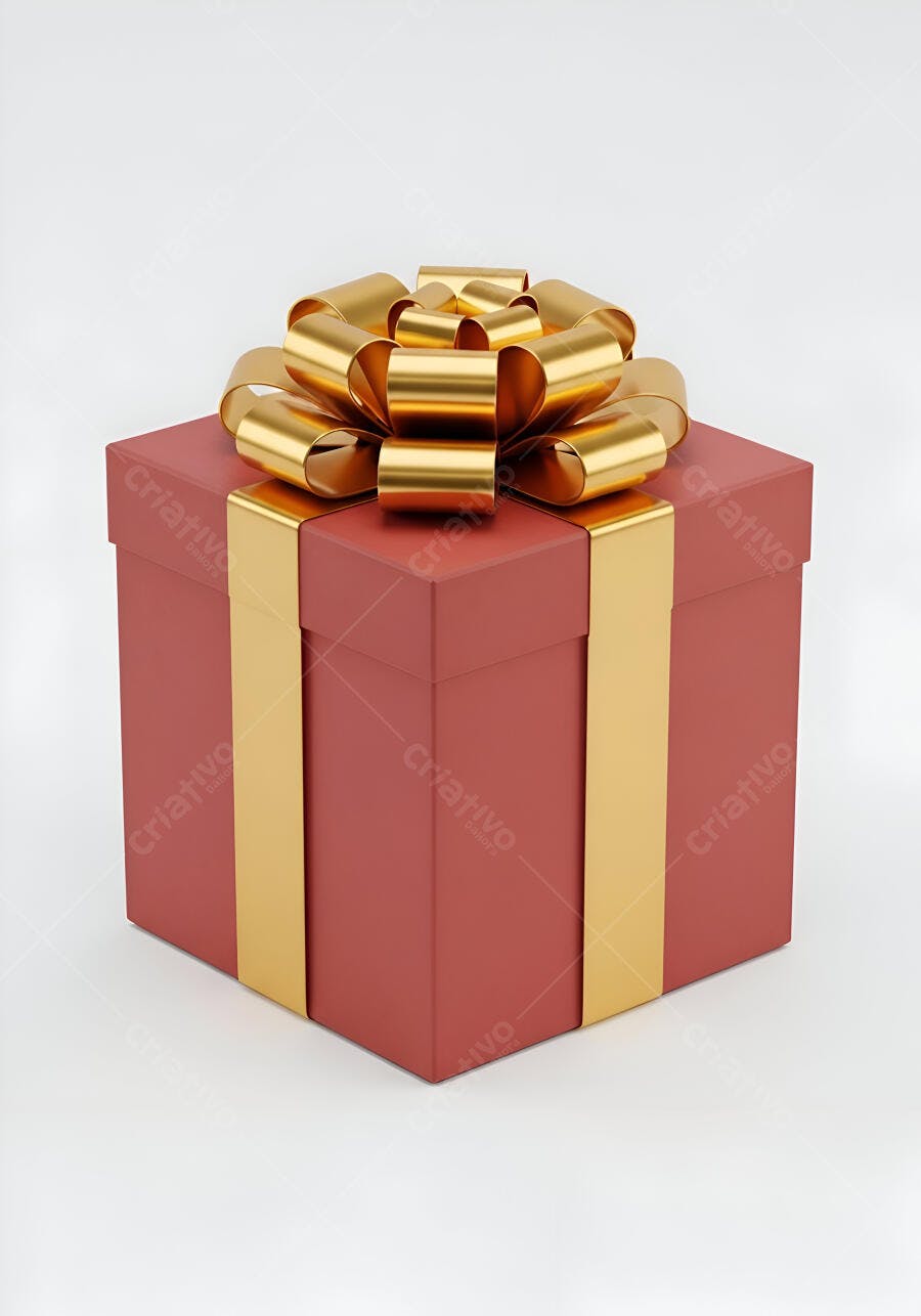 Caixa de presente vermelha com laço dourado em fundo branco minimalista