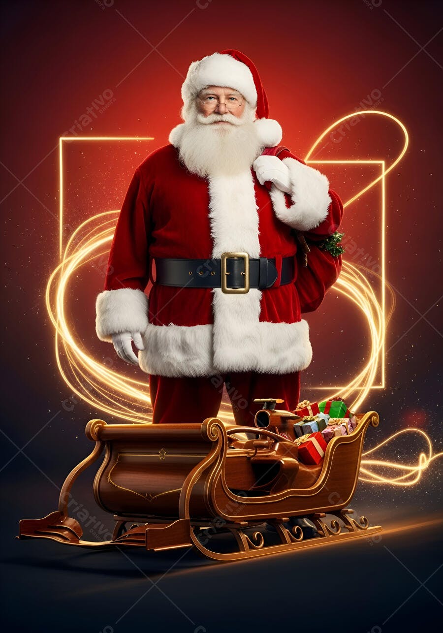 Papai Noel sorridente com trenó e presentes em fundo mágico vermelho e dourado Natal