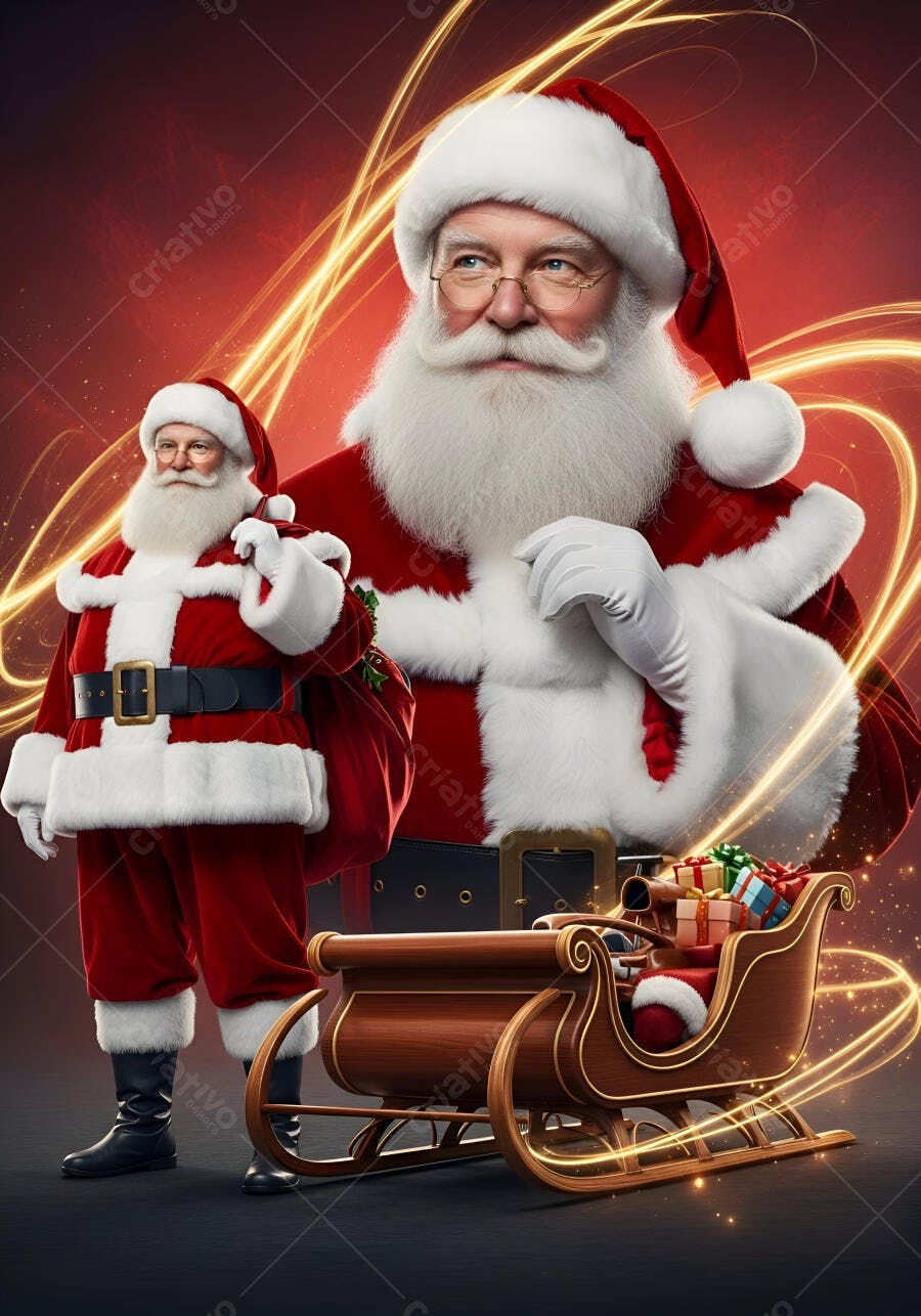 Papai Noel sorridente com barba branca, saco de presentes e trenó no Natal