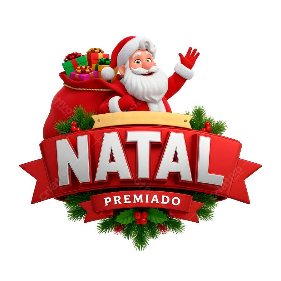 Papai Noel 3D com saco de presentes e banner Natal Premiado festivo