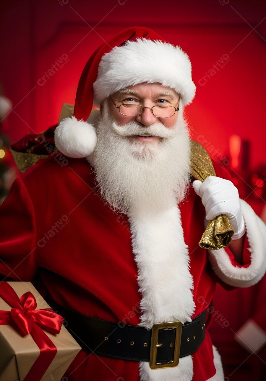 Papai Noel sorridente com barba branca e óculos segurando presentes natalinos