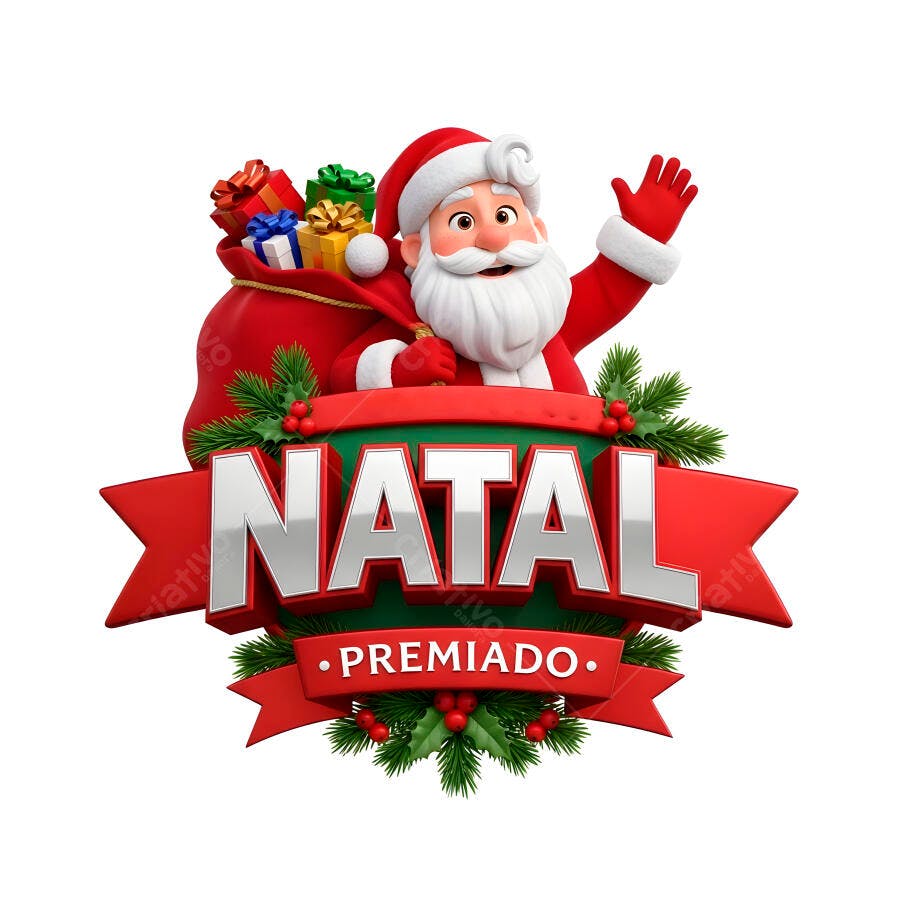 Papai Noel 3D com presentes e banner Natal Premiado festivo