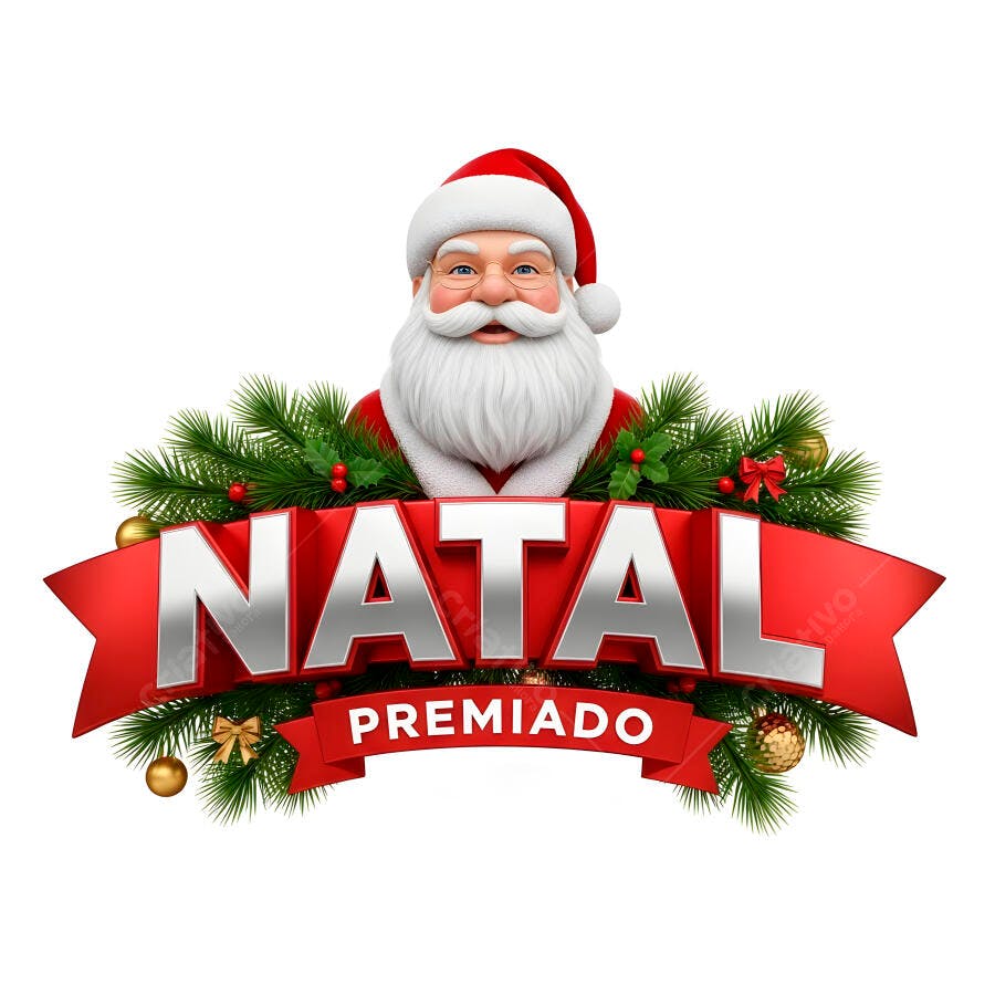 Papai Noel 3D com guirlanda e fita vermelha Natal Premiado isolado