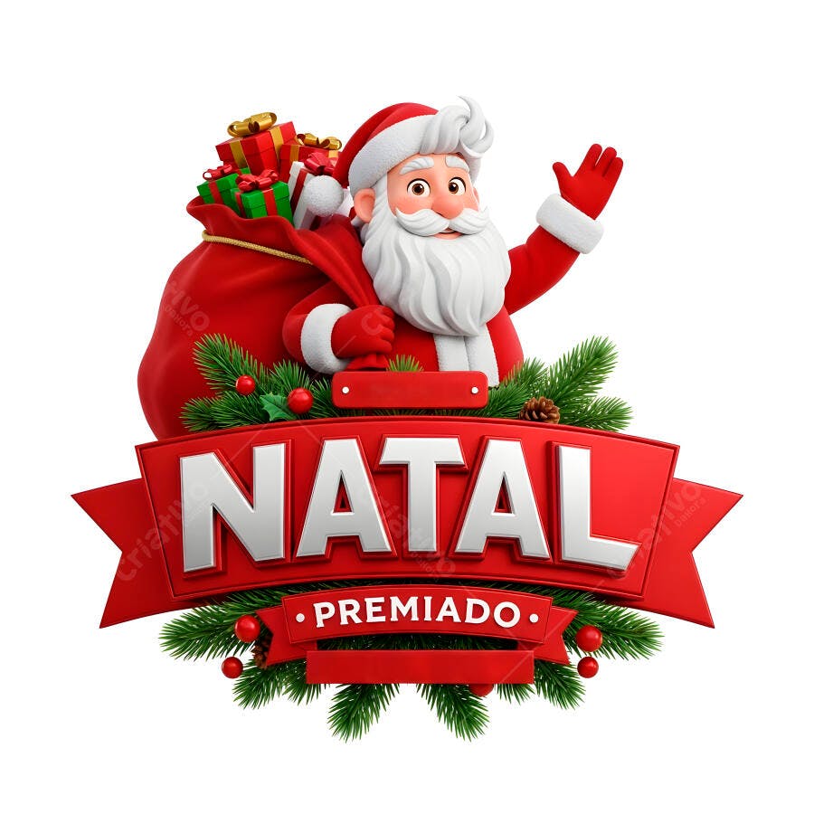 Papai Noel animado com saco de presentes e banner Natal Premiado 3D festivo