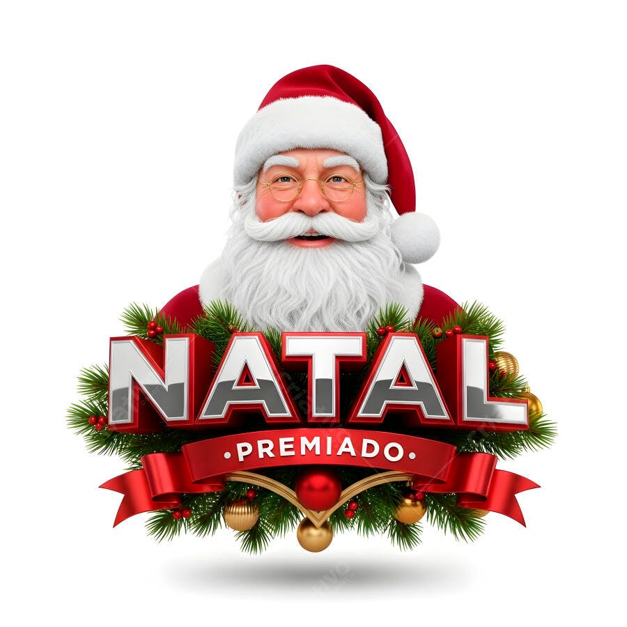 Papai Noel sorrindo em ilustração 3D com a frase Natal Premiado e decoração festiva