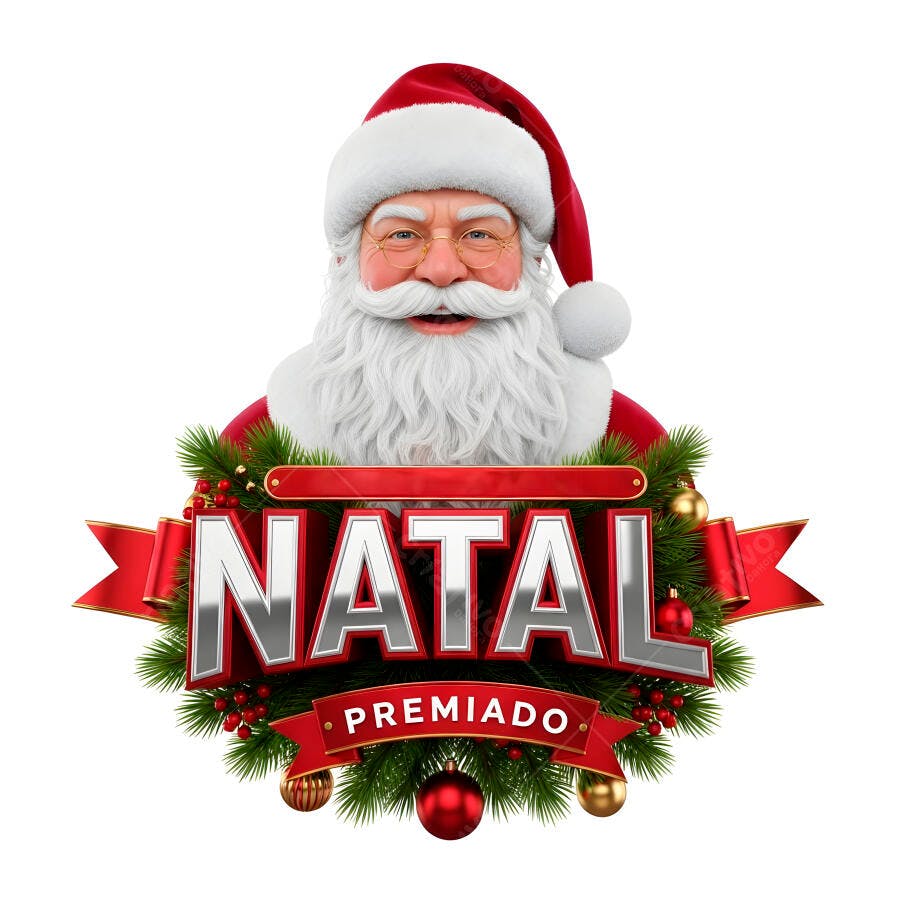 Papai Noel sorridente com guirlanda festiva e banner Natal Premiado