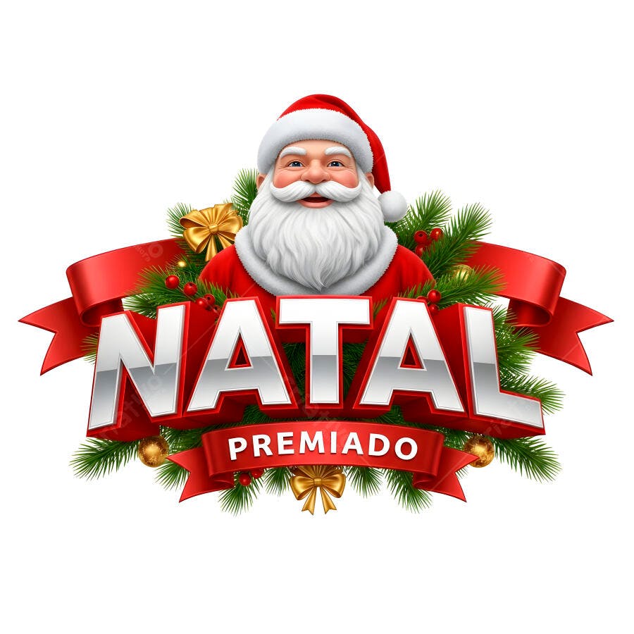 Papai Noel sorrindo com banner Natal Premiado e laços dourados