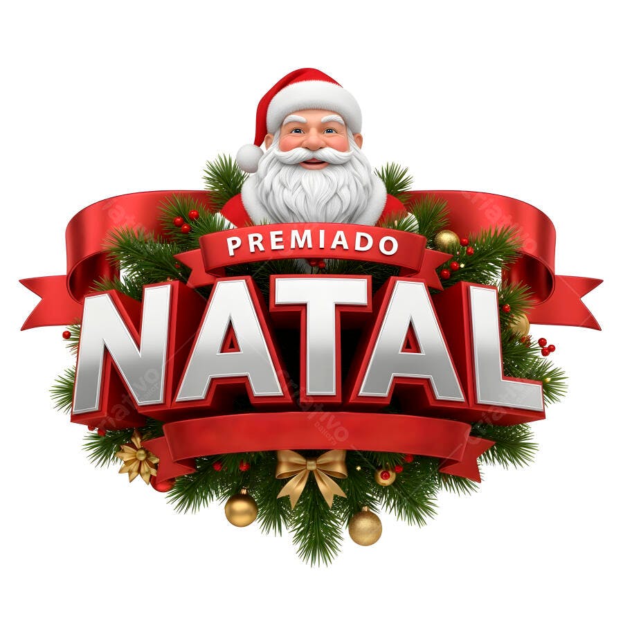 Papai Noel 3D em banner Premiado Natal com enfeites dourados e vermelhos