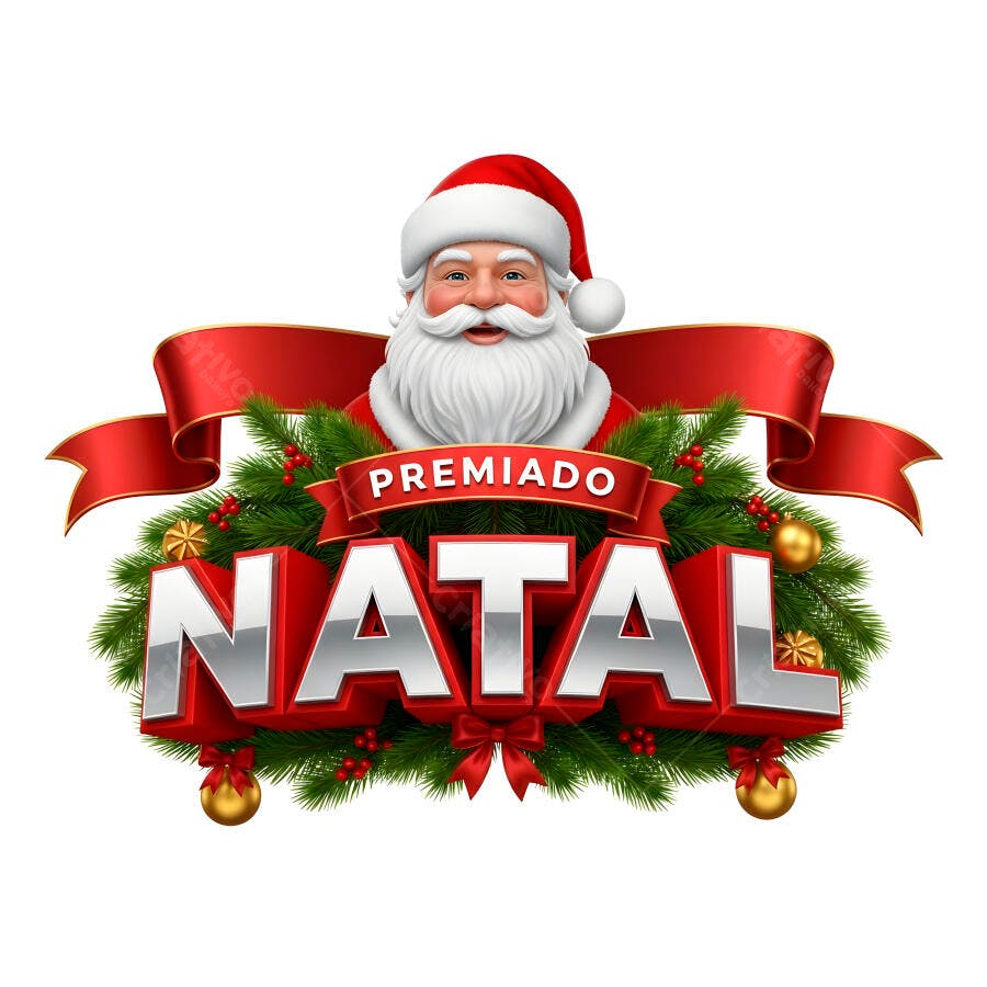 Papai Noel celebra Natal premiado com texto 3D e enfeites dourados festivos