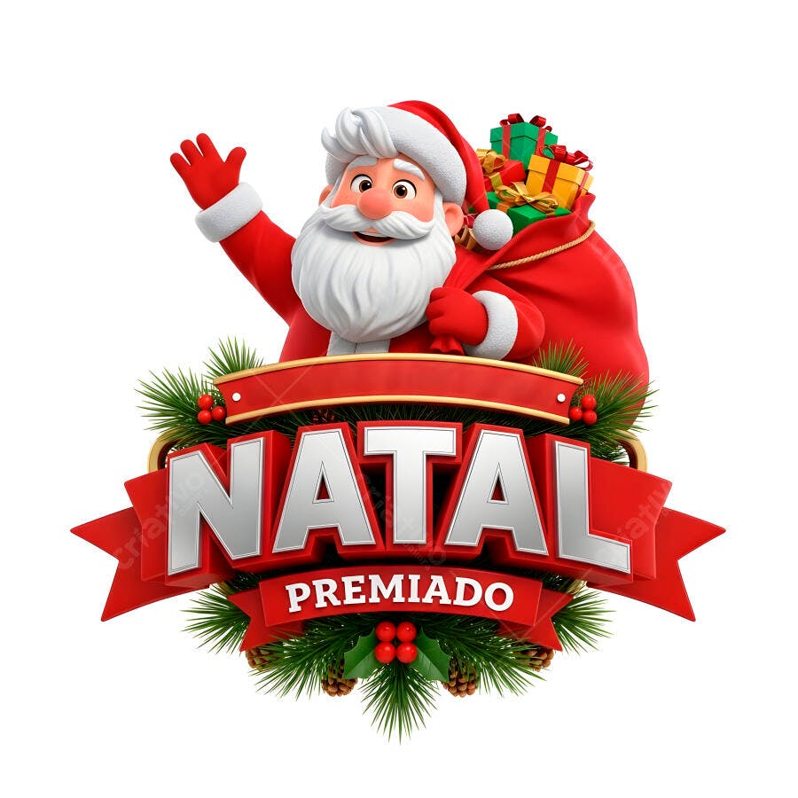 Papai Noel 3D sorridente com saco de presentes e banner Natal Premiado festivo