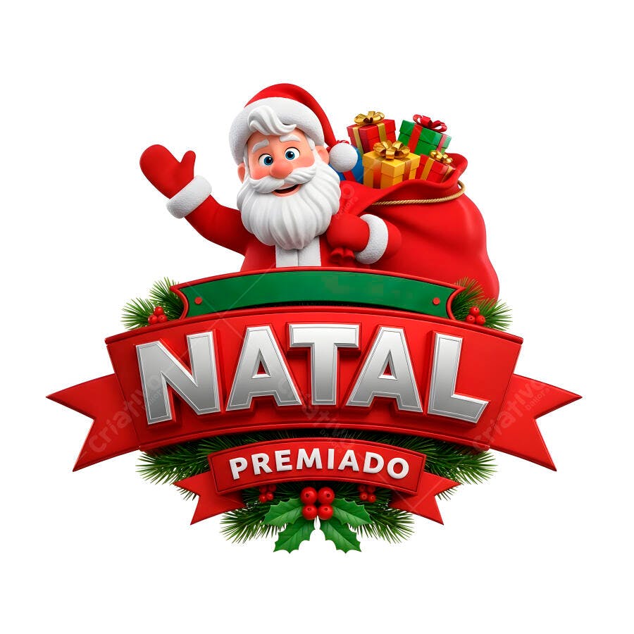 Papai Noel sorrindo com saco de presentes e banner Natal Premiado
