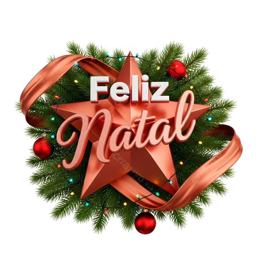 Estrela de Natal com Feliz Natal ramos verdes luzes e laço