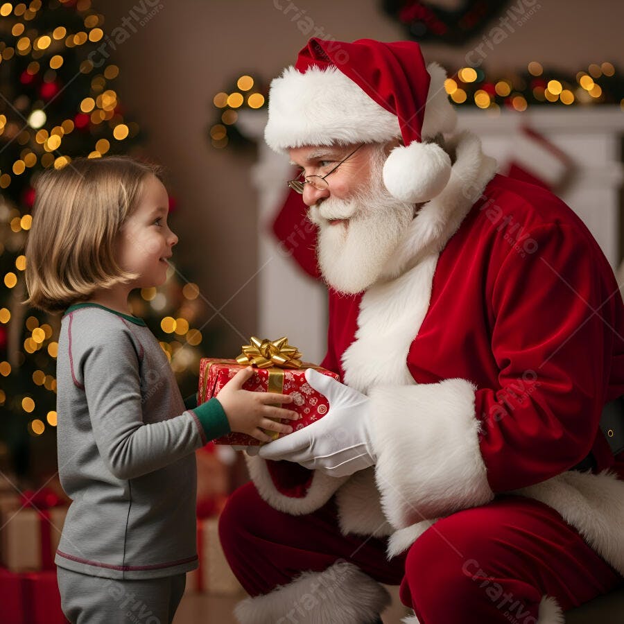 Menina recebendo presente do Papai Noel em noite de Natal festiva
