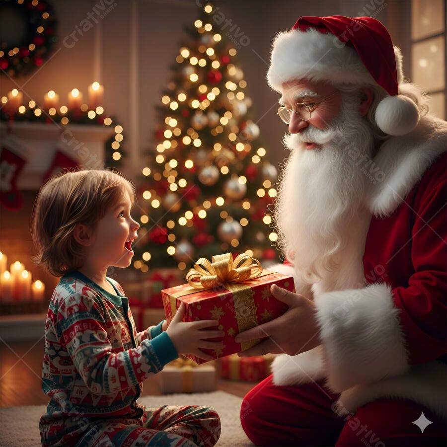 Menina feliz recebendo presente do Papai Noel em sala de Natal aconchegante