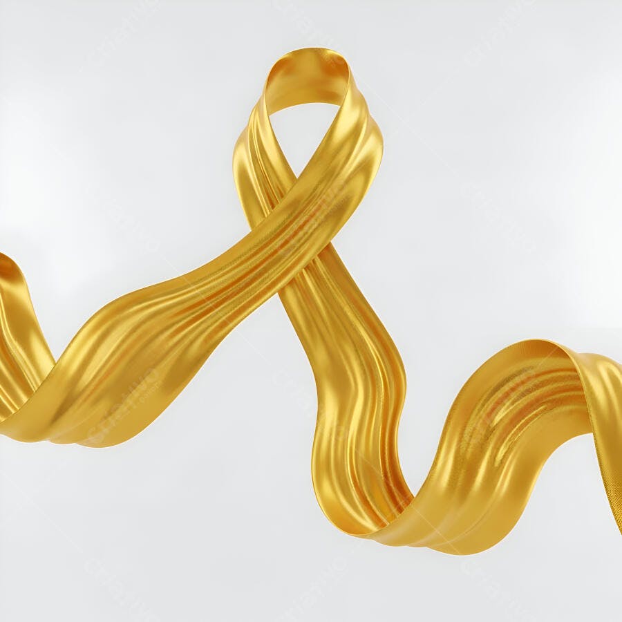 Fita dourada fluindo abstratamente em fundo branco com brilho metálico