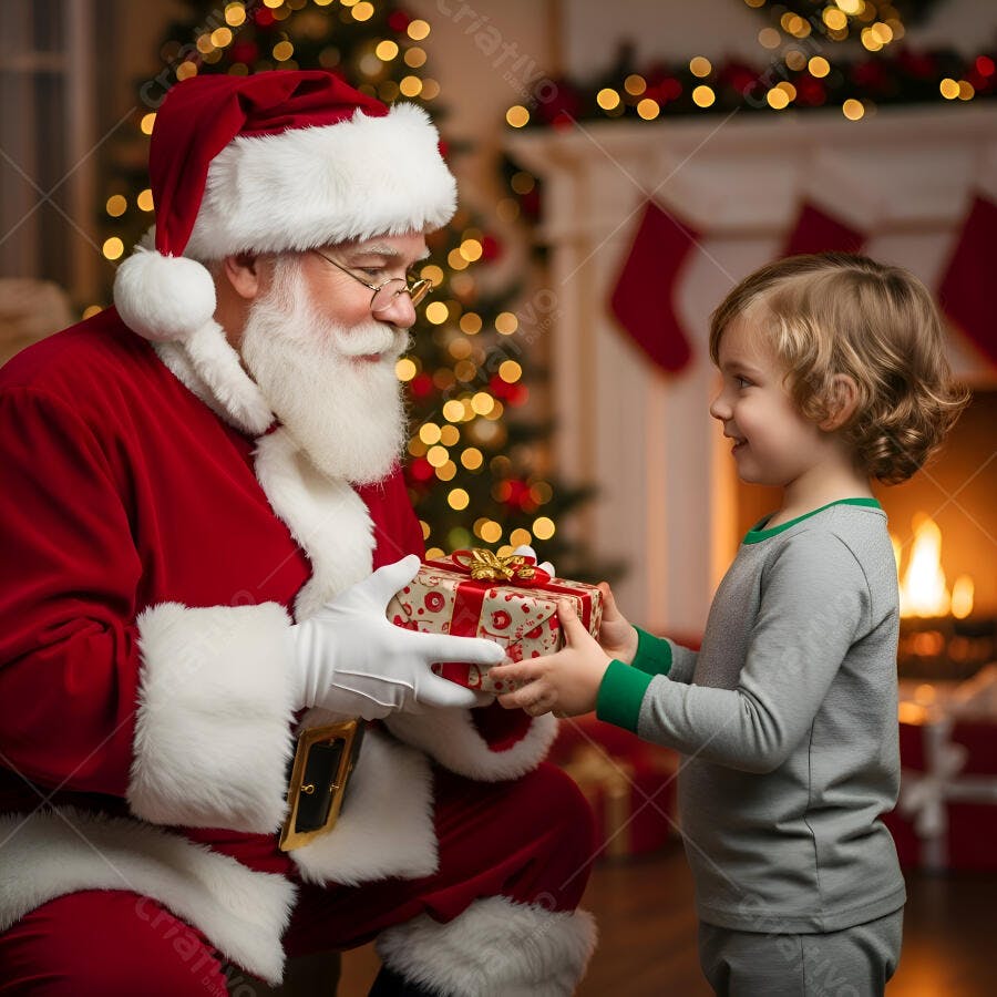 Papai Noel barbudo entregando presente para menino loiro em sala de Natal aconchegante