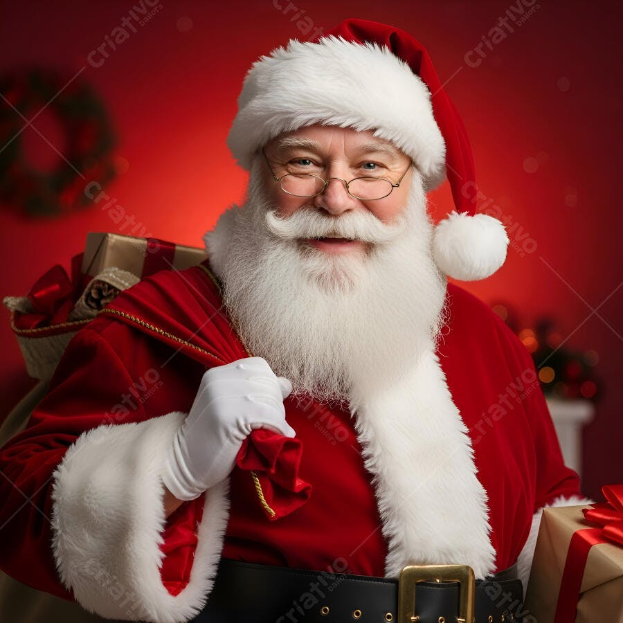 Papai Noel sorridente com saco de presentes em fundo festivo