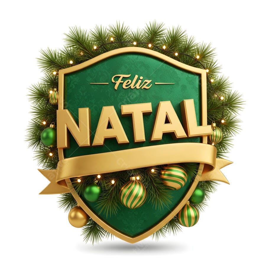 Emblema Feliz Natal 3D com folhagem verde enfeites dourados e luzes festivas