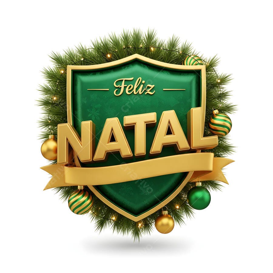 Escudo Feliz Natal com pinhas e enfeites dourados verdes