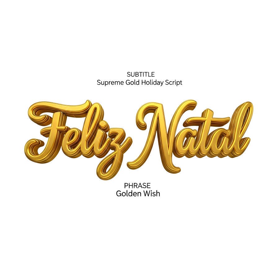Feliz Natal texto dourado 3D com fonte script festiva