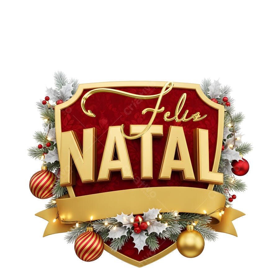 Mensagem Feliz Natal dourada e vermelha com enfeites festivos