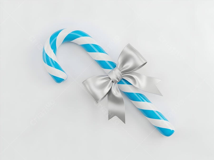 Bengala doce azul e branca com laço prateado para Natal