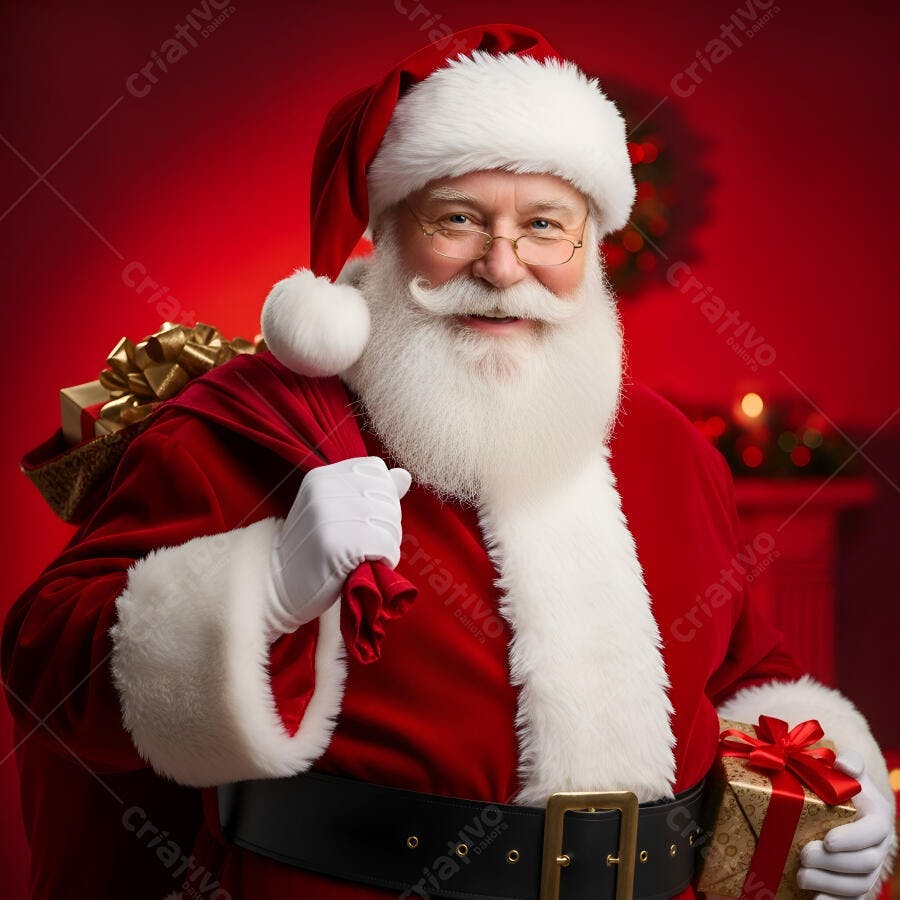 Papai Noel sorridente com saco de presentes e um presente na mão em fundo vermelho natalino