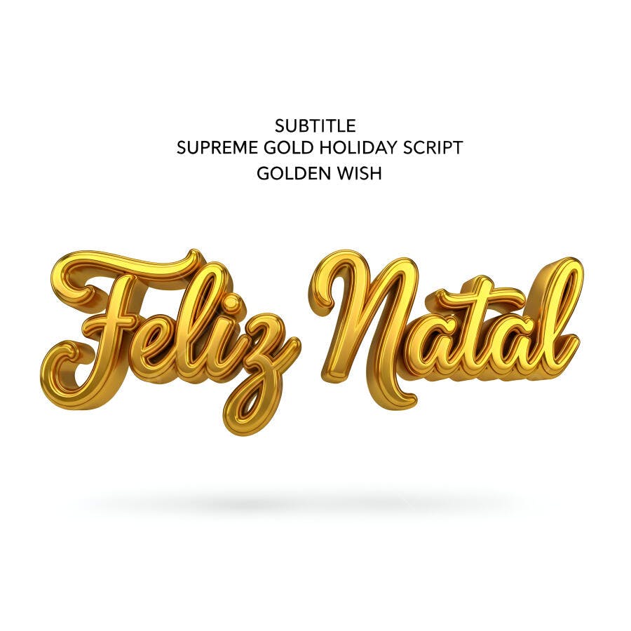Texto dourado 3D Feliz Natal com brilho luxuoso em fundo branco
