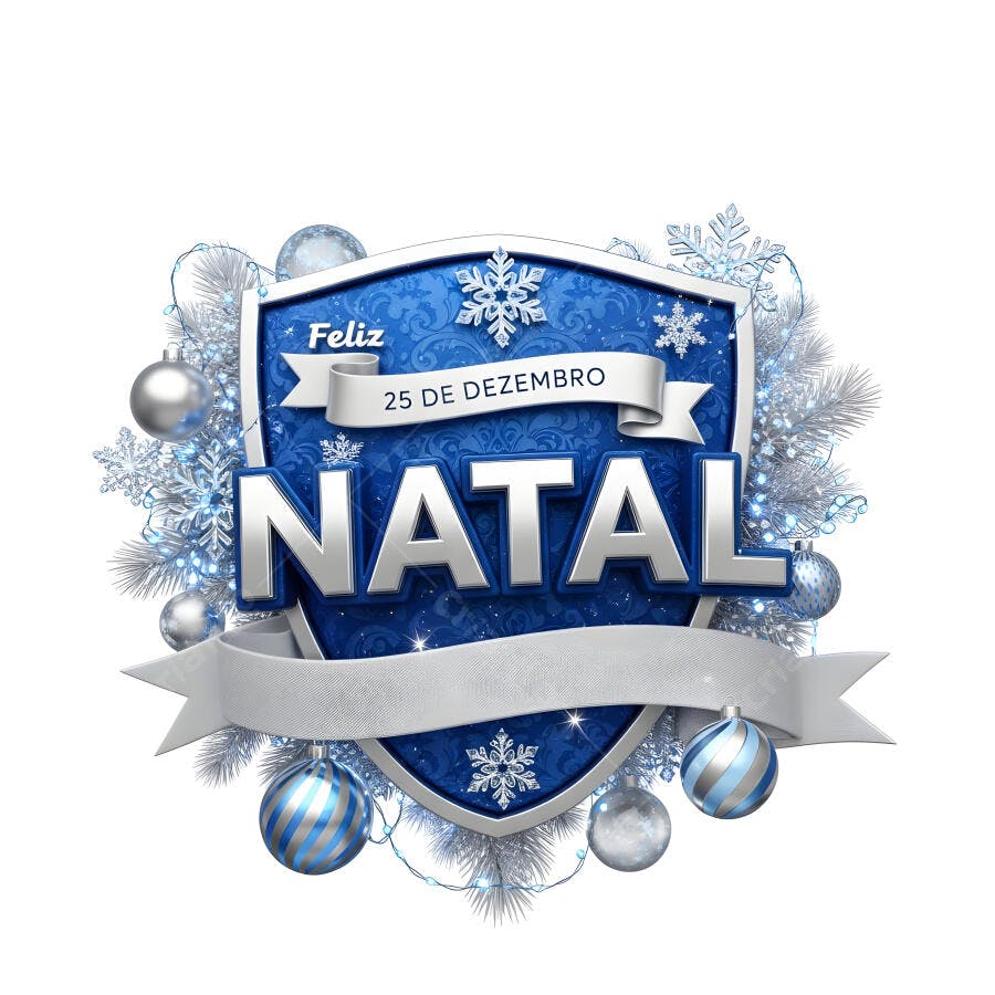 Escudo Feliz Natal 25 de Dezembro com flocos de neve e bolas azuis