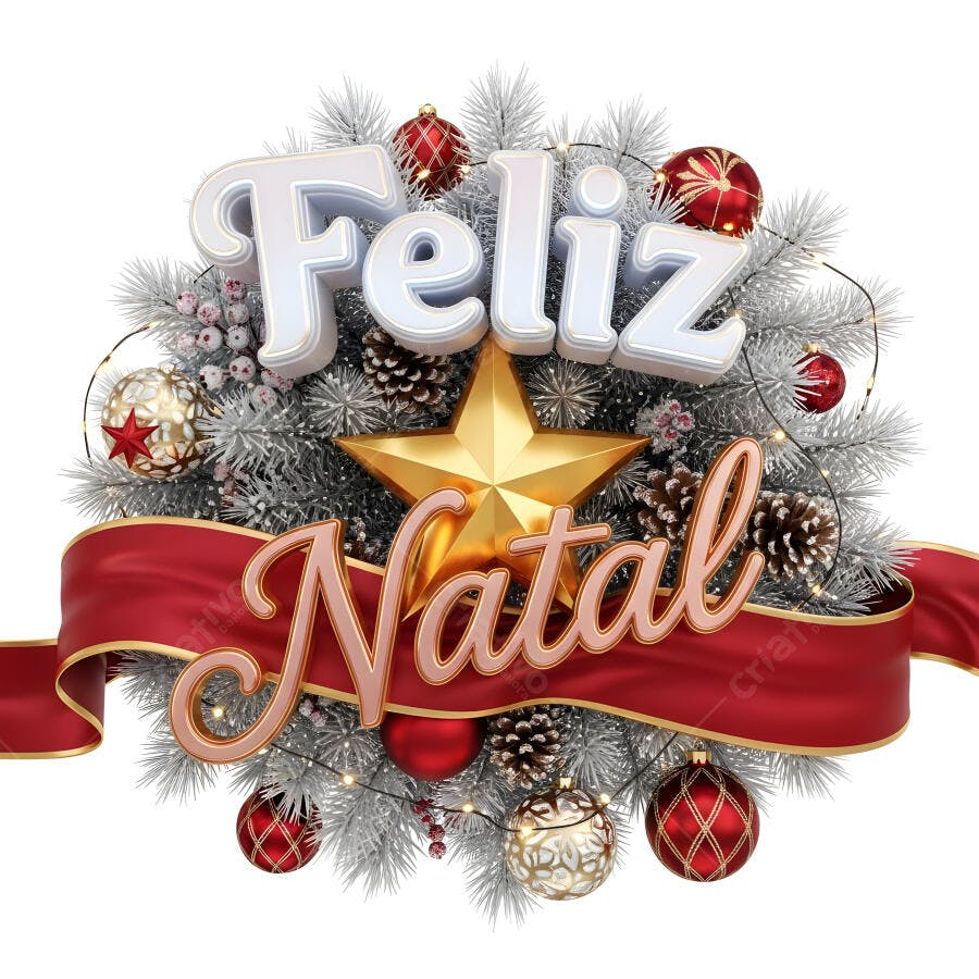 Feliz Natal em 3D com estrela dourada e enfeites vermelhos e brancos