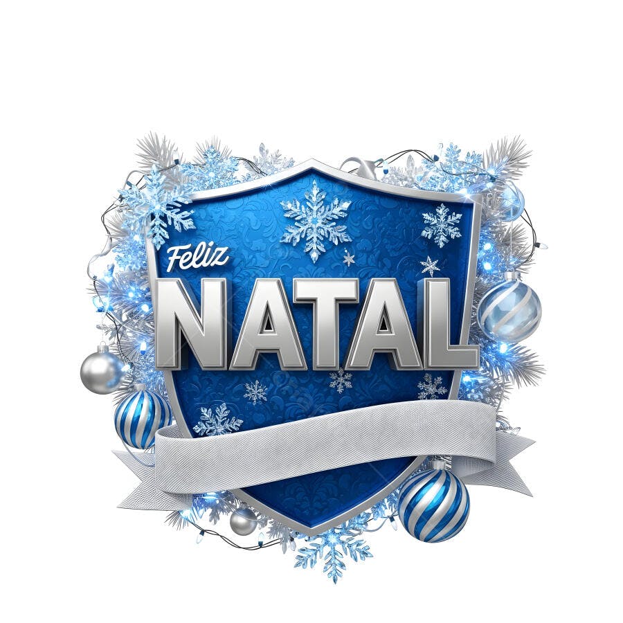Escudo azul Feliz Natal com flocos de neve luzes e enfeites prateados