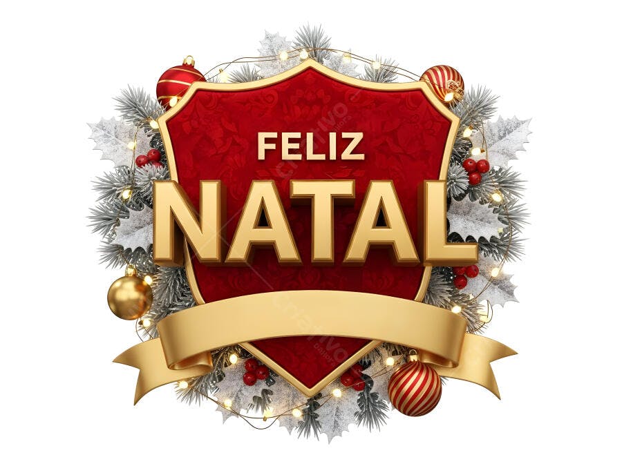 Feliz Natal 3D dourado em escudo vermelho com pinho e bagas