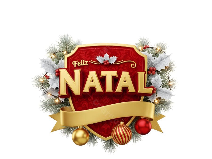 Placa vermelha dourada Feliz Natal com pinho nevado e bolas festivas