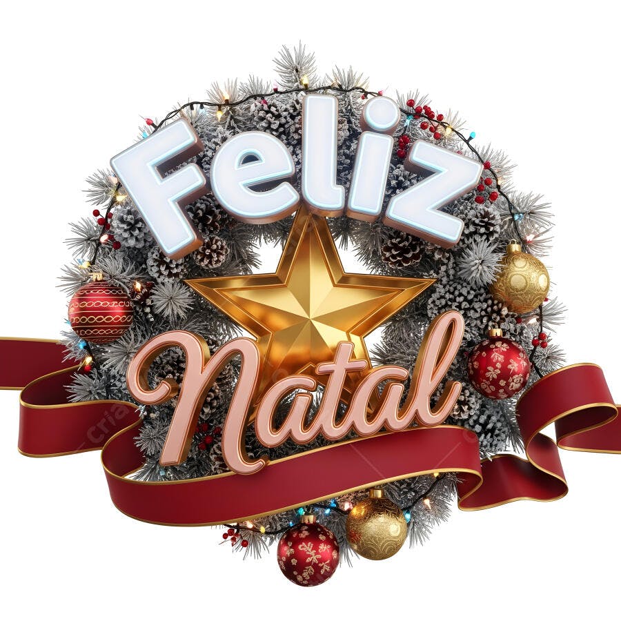 Guirlanda Feliz Natal 3D com estrela dourada e enfeites festivos