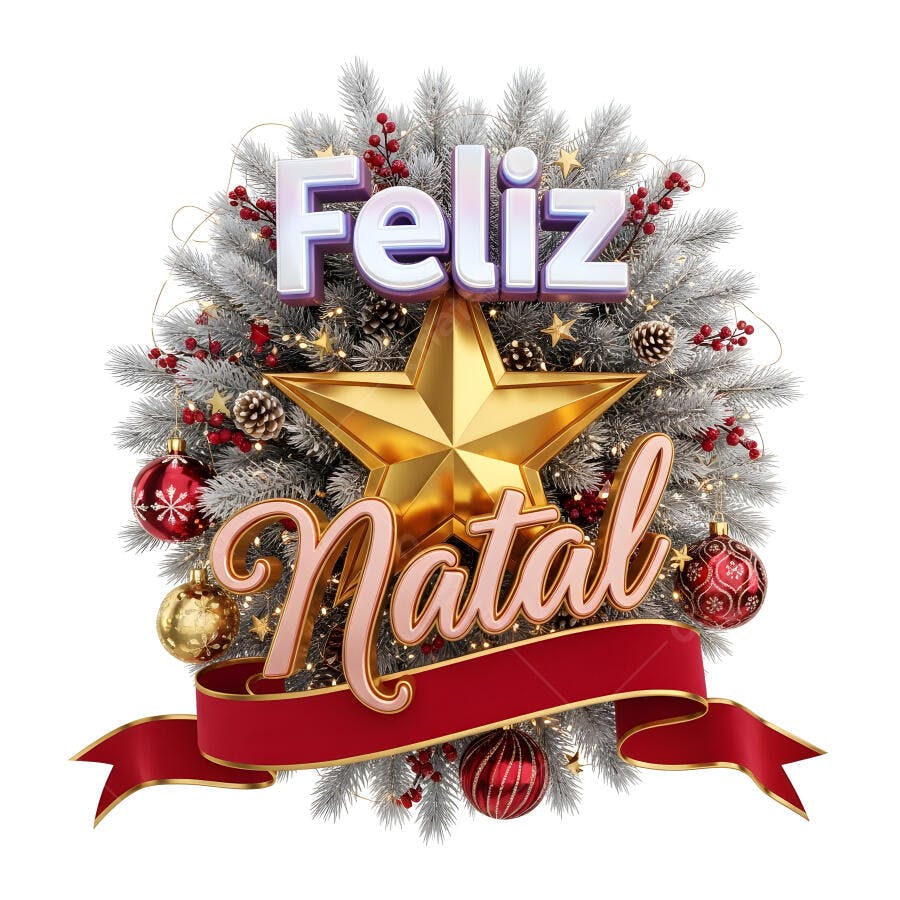 Feliz Natal arte 3D com estrela dourada ramos prateados e laço vermelho festivo