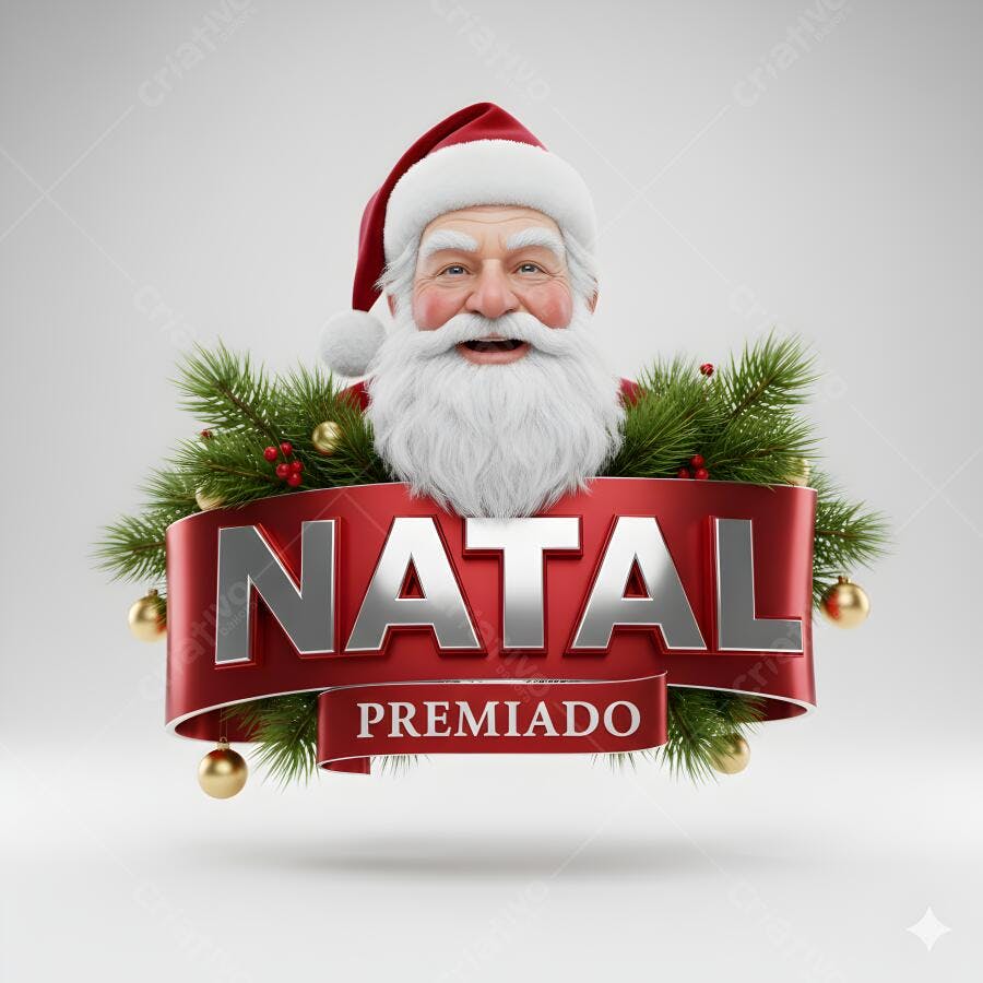 Papai Noel feliz com banner Natal Premiado e enfeites dourados