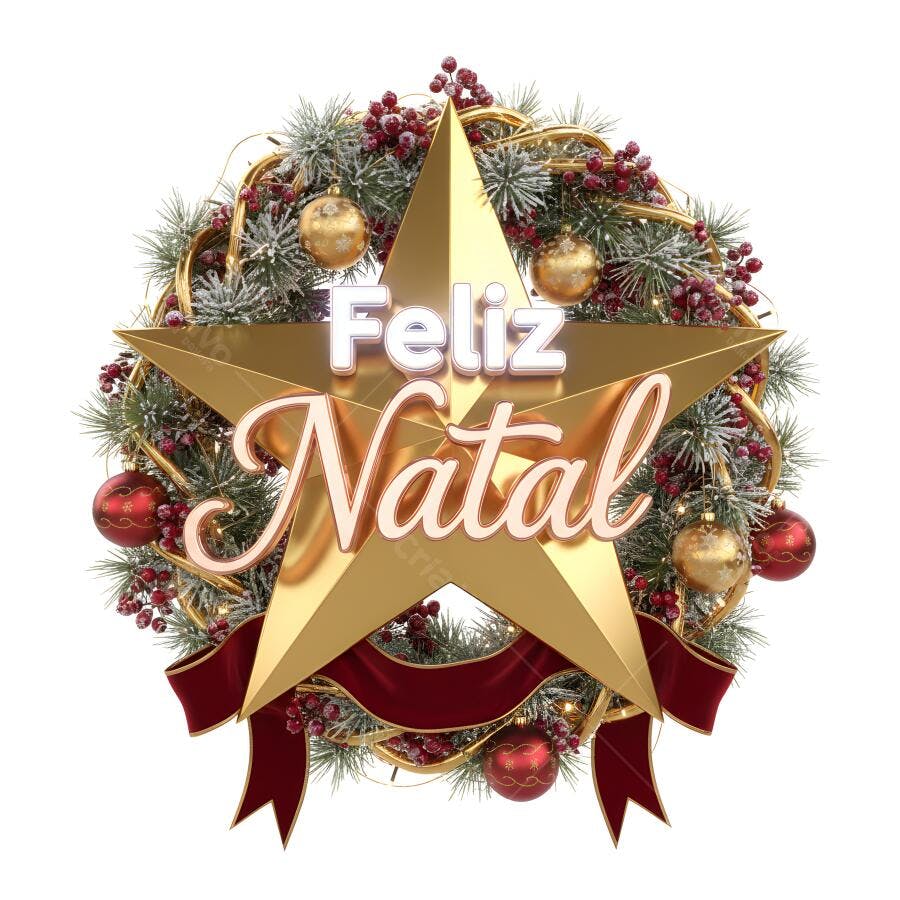 Estrela dourada Feliz Natal em guirlanda natalina com bagas vermelhas