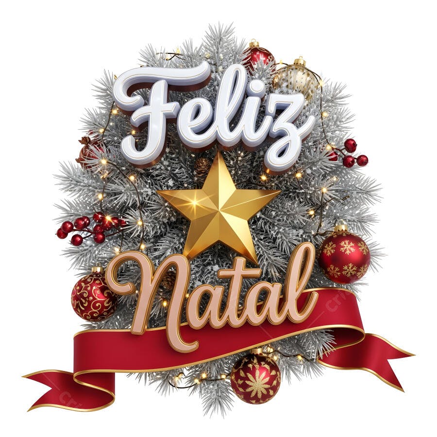 Feliz Natal decoração 3D com guirlanda prateada estrela dourada e laço vermelho