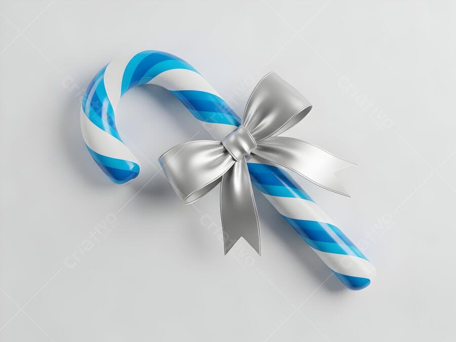 Bengala doce azul e branca com laço prateado festivo