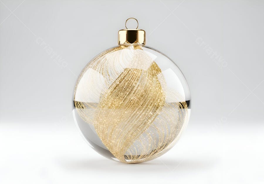 Bola de Natal de vidro com brilho dourado festivo em fundo branco