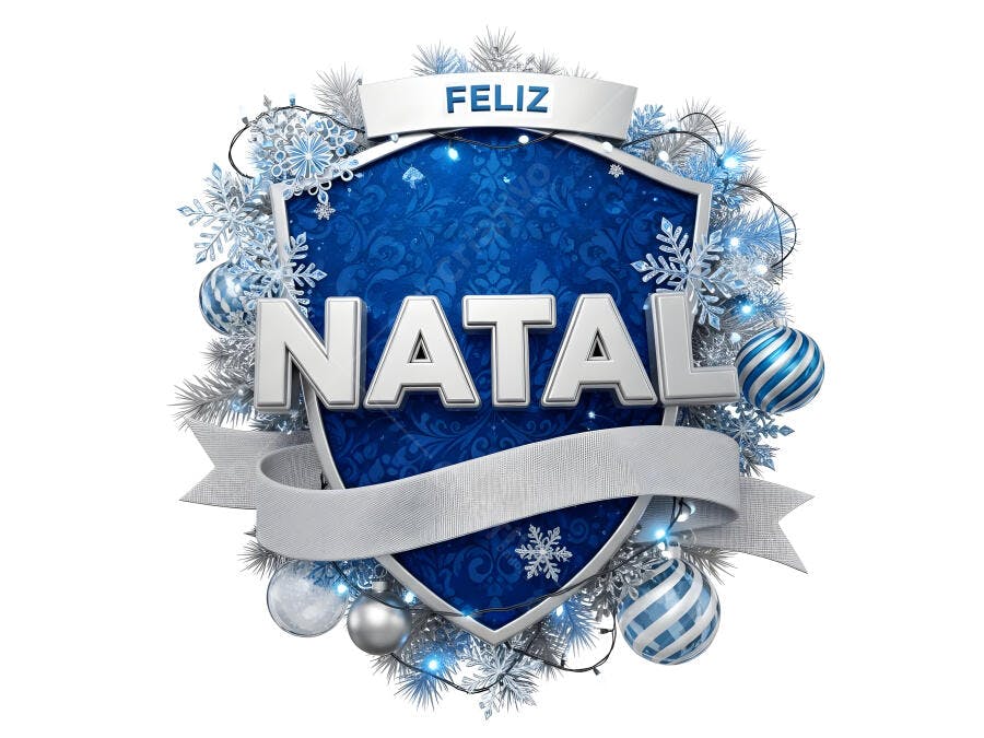 Emblema de Feliz Natal azul e prata com flocos de neve e luzes festivas