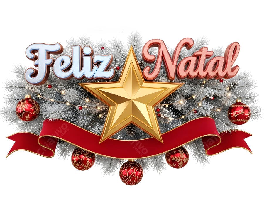 Decoração de Natal 3D Feliz Natal estrela dourada e ramos nevados festivos