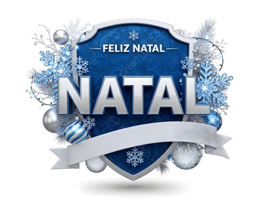 Texto Natal festivo em escudo azul com flocos de neve e elementos prateados