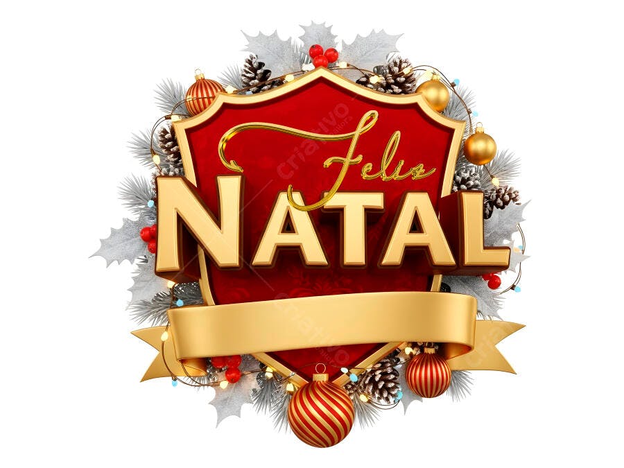 Emblema Feliz Natal dourado e vermelho com pinhas azevinho e luzes festivas