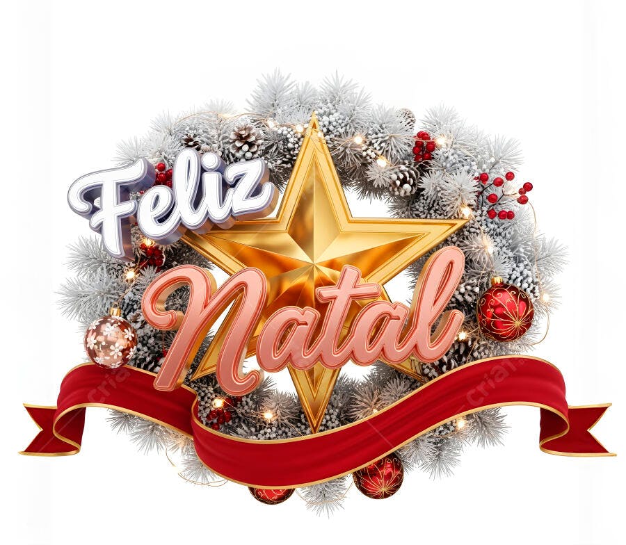 Mensagem Feliz Natal dourada e prateada com guirlanda festiva de inverno