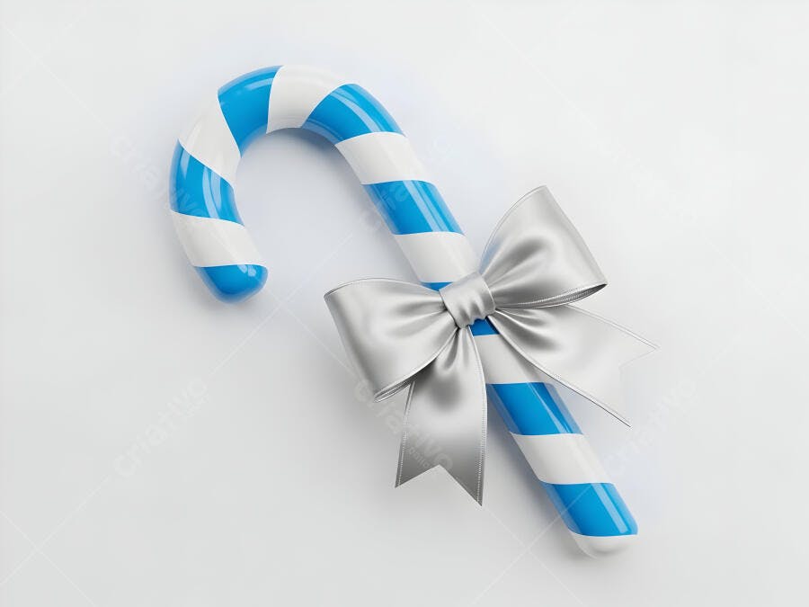 Bengala doce listrada azul e branca com laço de presente prateado